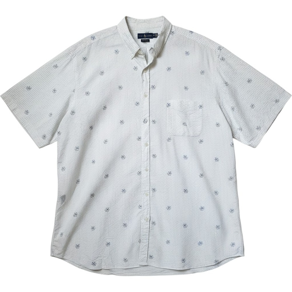 Ralph Lauren Button Down Mens 4XLT White Blue Seersucker Dog Anchor Shirt